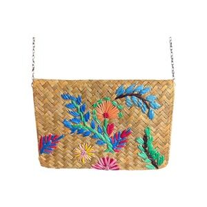 Woman Within Woven Straw Floral Embroidered Crossbody Bag Silver Chain Strap